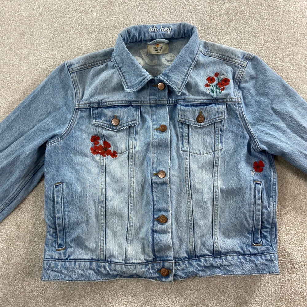 Marine Layer Denim Jacket Women Large Blue Floral Blue Jean Baby Embroidered - Picture 3 of 15